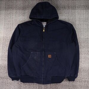 Carhartt Mens XL Navy Blue Duck Canvas Quilted Lined Active Jacket Hooded J131